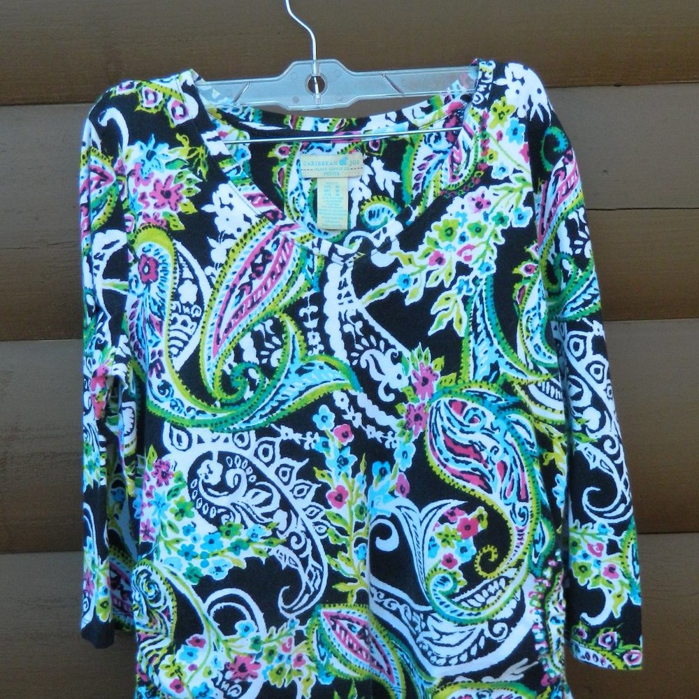 Caribbean Joe Top Women's Medium V-neck Pullover Tie Waist Island Colors